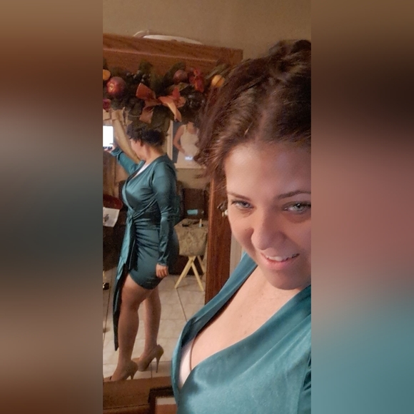 LOVE&LEMONADE Plunging Neck Ruched Draped Satin Bodycon Dress - Picture 15 of 17